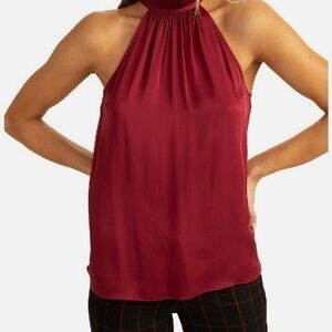 NWT Trina Turk Burgundy Pleated Halter Cocktail Silk Blend Top (Size: XS)